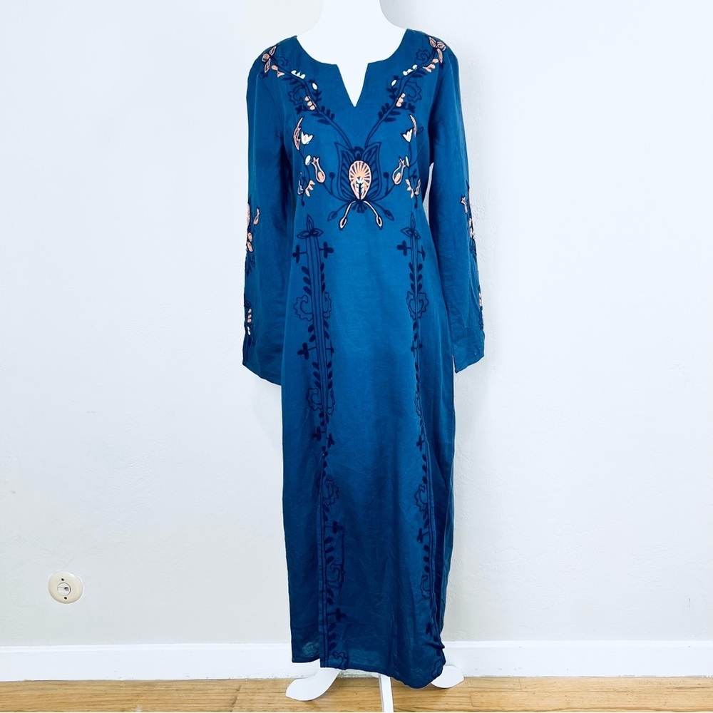 NEW Roller Rabbit Indrani Long Maxi Dress Blue Embroidered Long Sleeve Size S